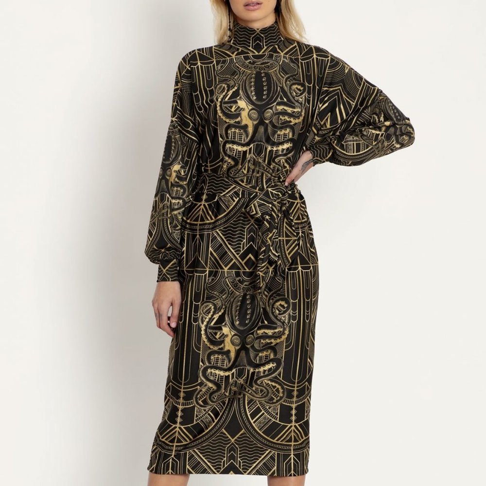 BlackMilk Black and Gold Geometric Octopus Midi Dress